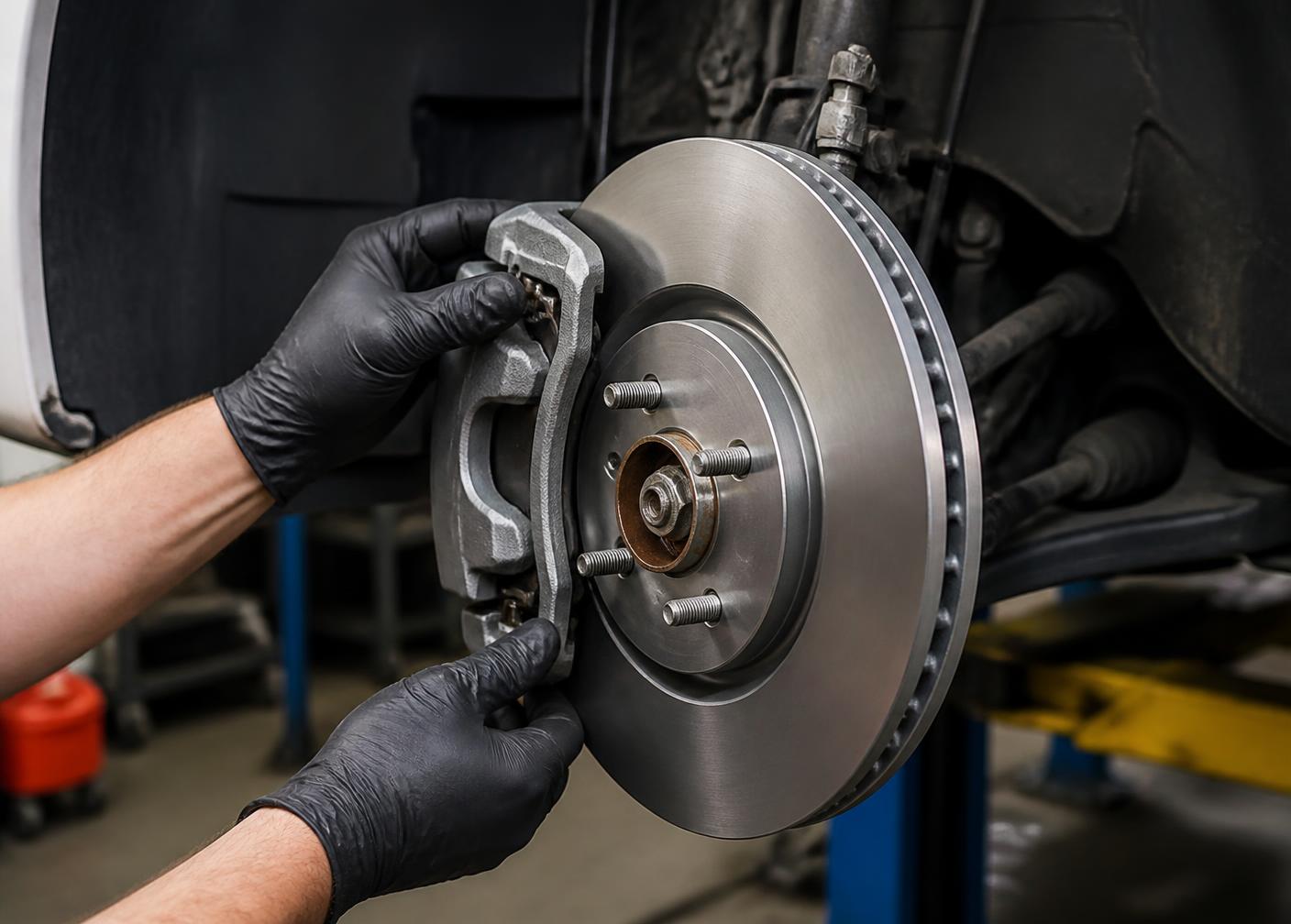 Mechanic installing a new brake rotor and caliper during a brake service